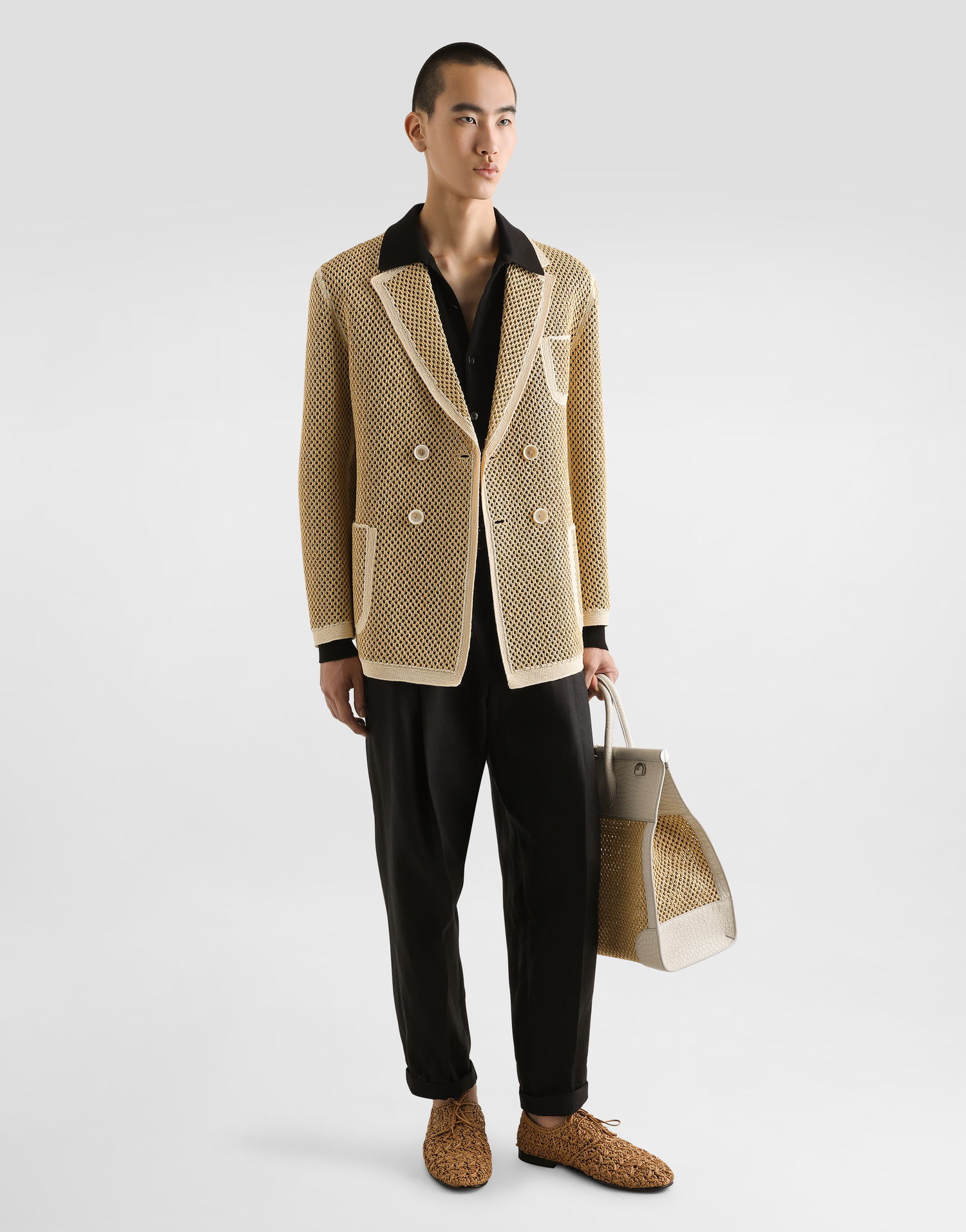 Bunda Dolce & Gabbana Dolce & Gabbana Double-breasted Raffia Mesh Jacket Béžová | G2UL1TGJ208S9000, 1