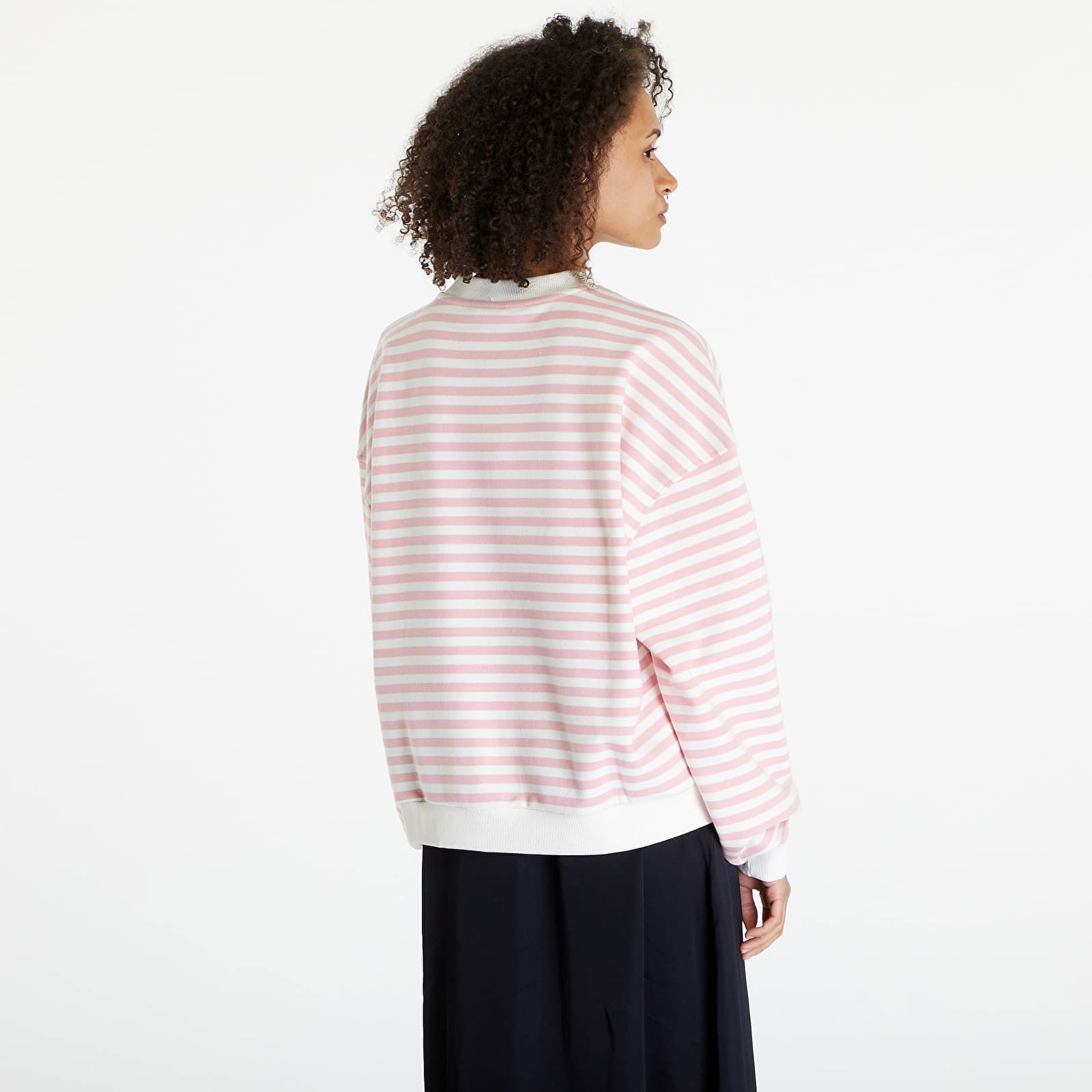 Ladies Oversized Striped Crewneck Lemonade Pink/ White Sand