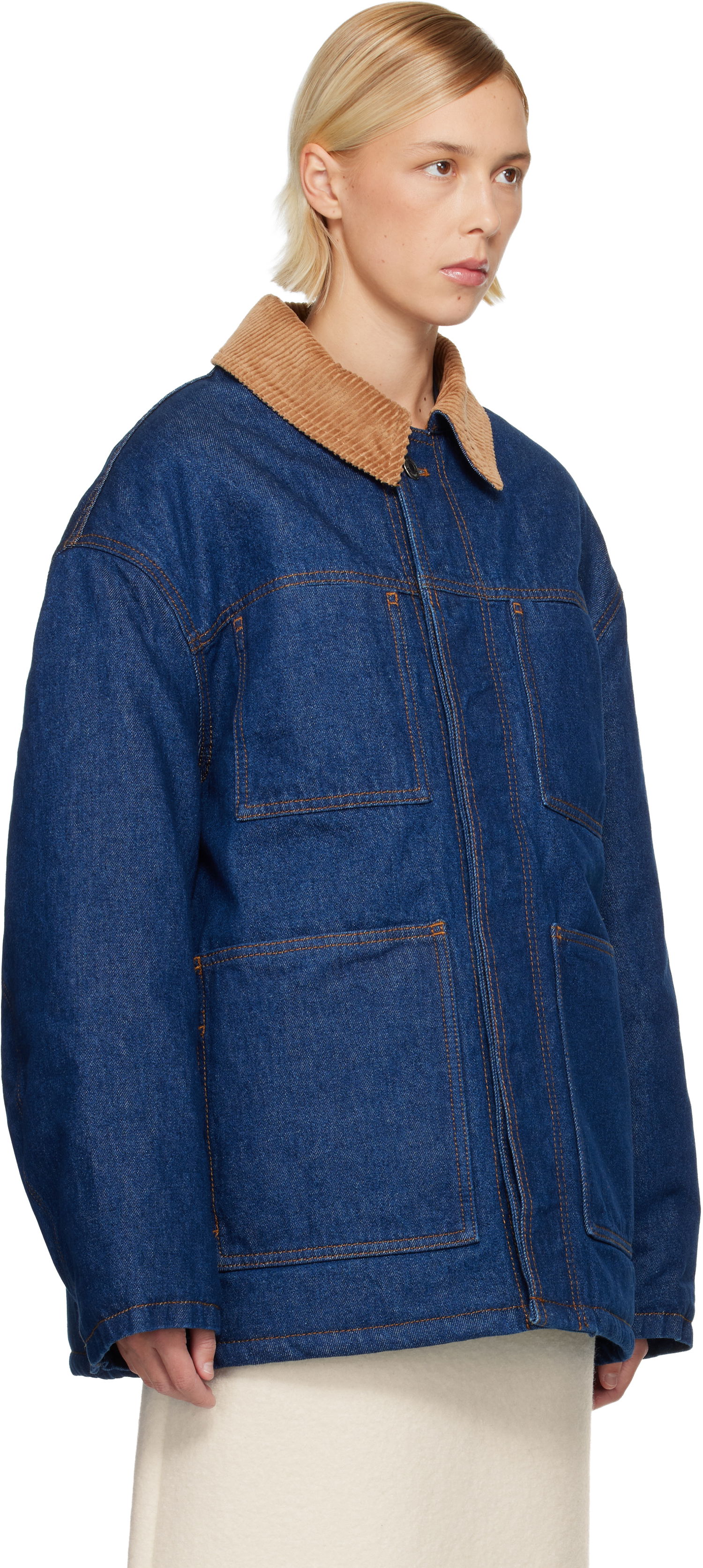 Bunda AMI Padded Worker Denim Jacket with Corduroy Collar Modrá | H25UJK834.DE0104, 1