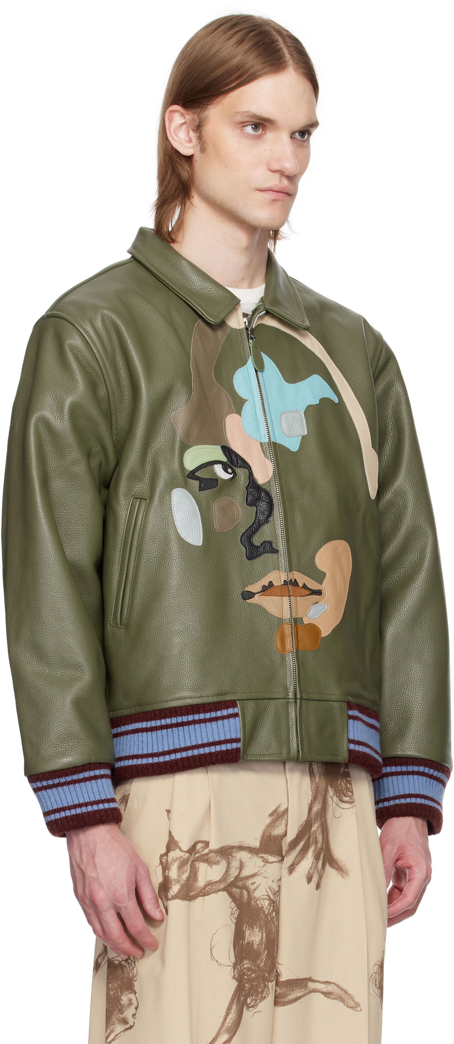 Bomber bunda KidSuper KidSuper Patchwork Face Leather Varsity Jacket Zelené | SS25-OW-05, 1
