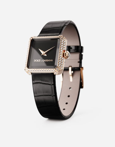 Hodinky Dolce & Gabbana Diamond-Set Gold Faceted Case Watch with Croc-Embossed Leather Strap Čierna | WWJC2GXSB01N0000, 2