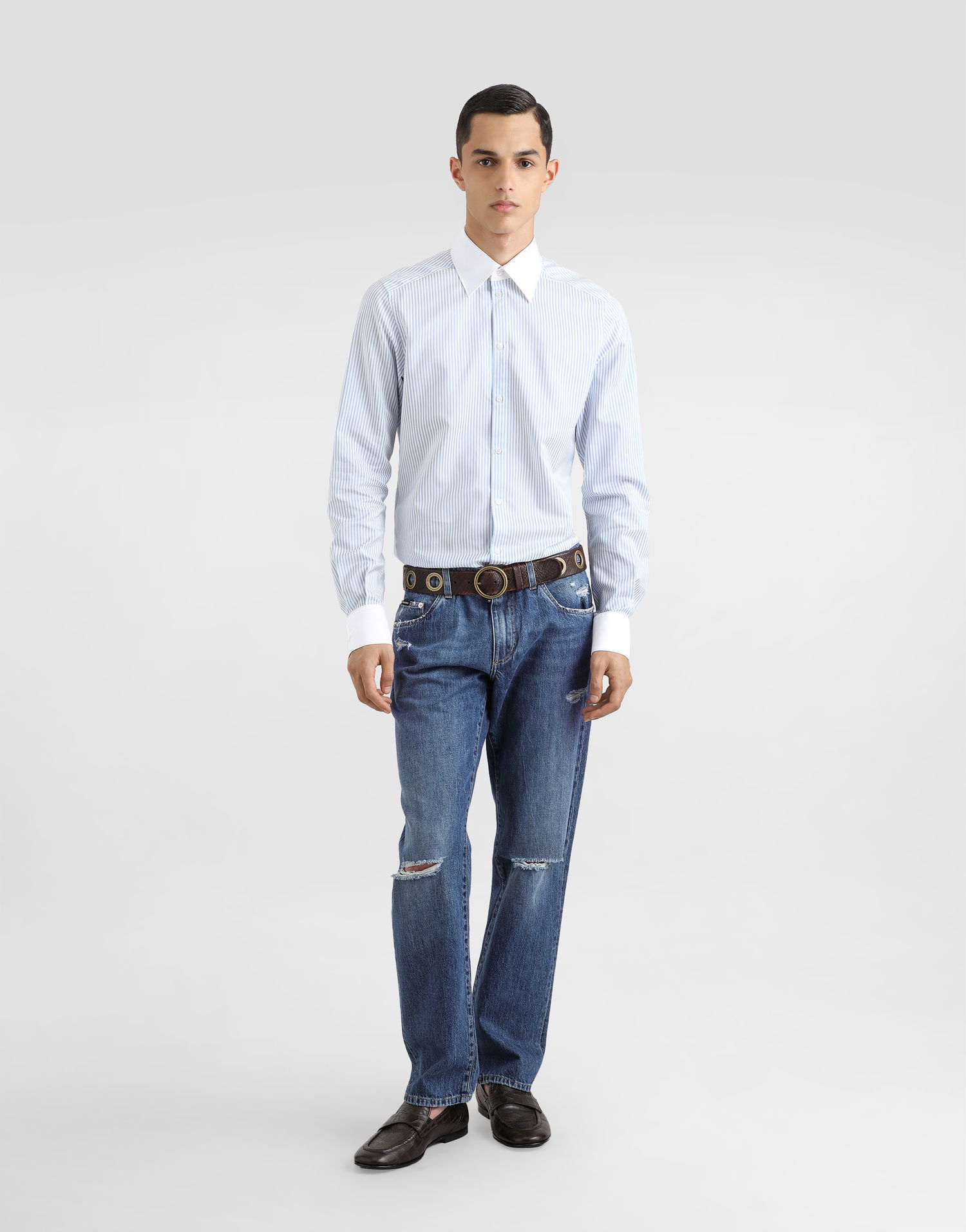 Košeľa Dolce & Gabbana Dolce & Gabbana Striped Cotton Shirt with White Collar and Cuffs Modrá | G5MM4ZFBTAKS8051, 1