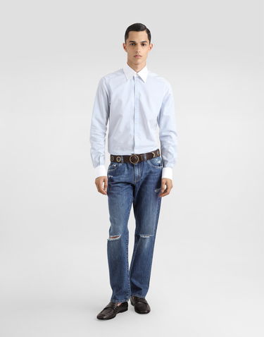 Košeľa Dolce & Gabbana Dolce & Gabbana Striped Cotton Shirt with White Collar and Cuffs Modrá | G5MM4ZFBTAKS8051, 1