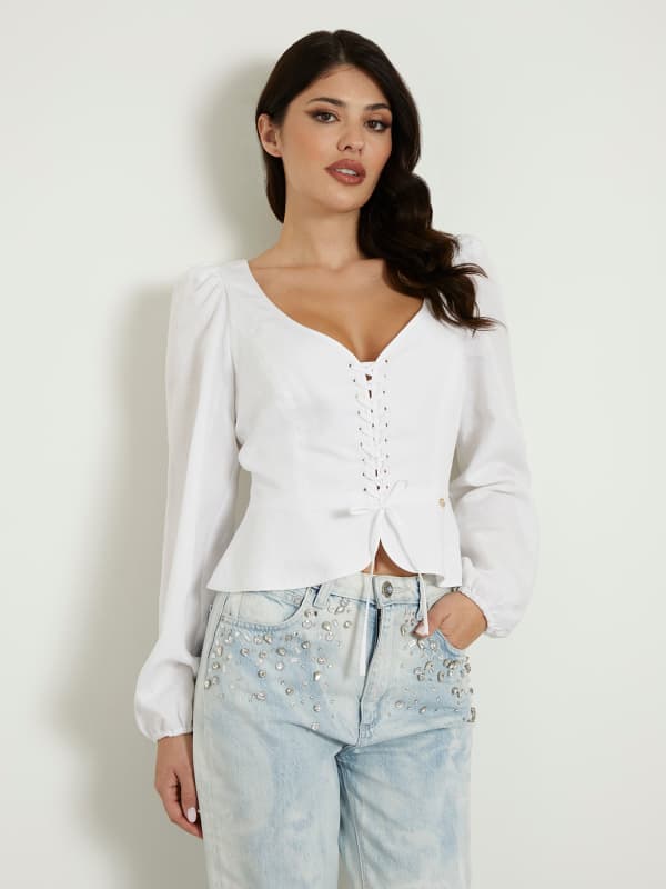 Košeľa GUESS Lace Up Blouse Biela | W4GH88WG7B0, 0