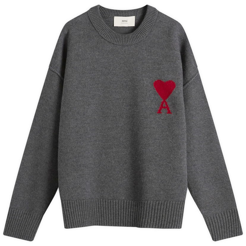 Sveter AMI Men's Merino Wool Knit ADC Crew Neck Jumper, Size Large Šedá | H25UKS838-018-084H25