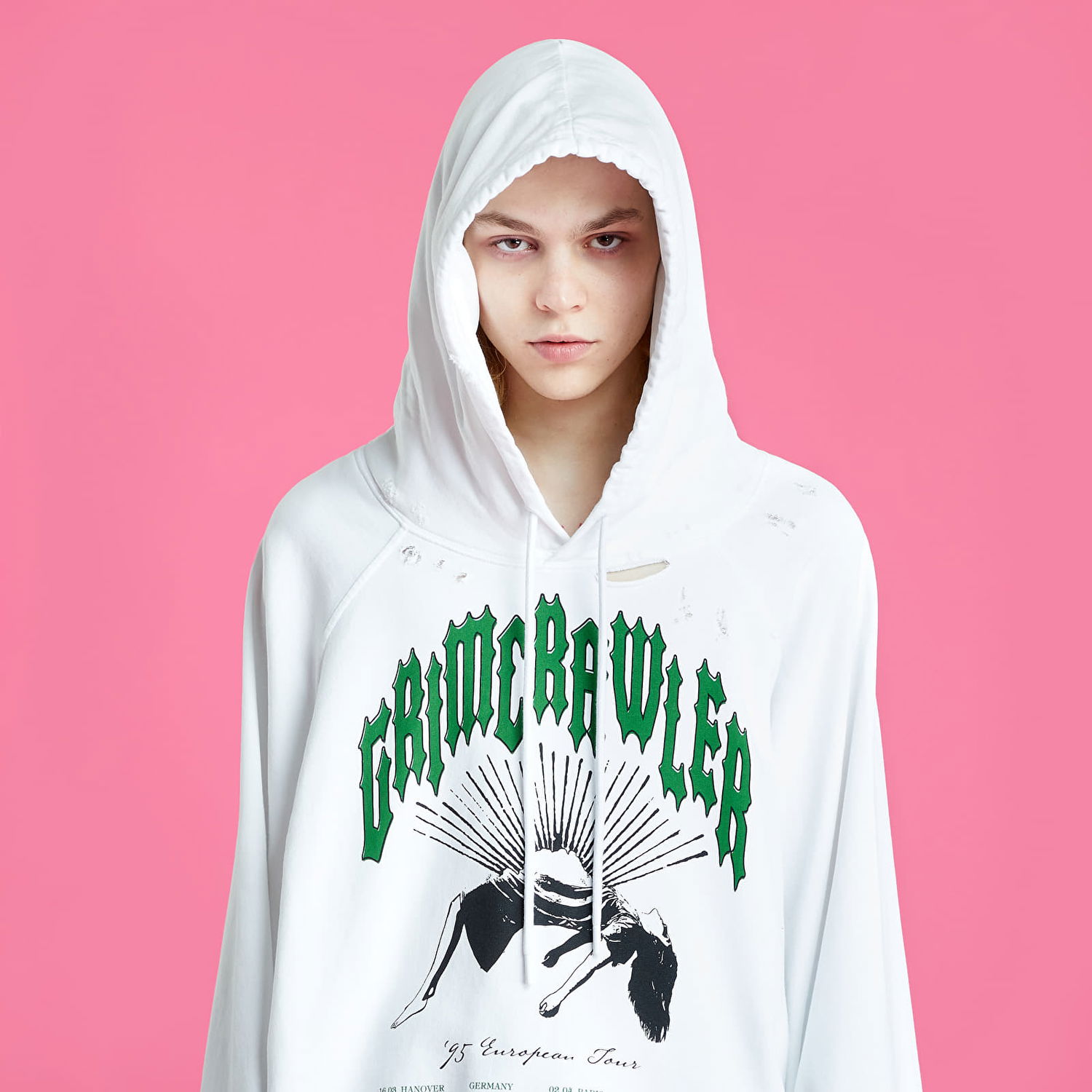 Mikina RAF SIMONS Destroyed Oversized Hoodie Biela | 221-M176-19003-0010, 1