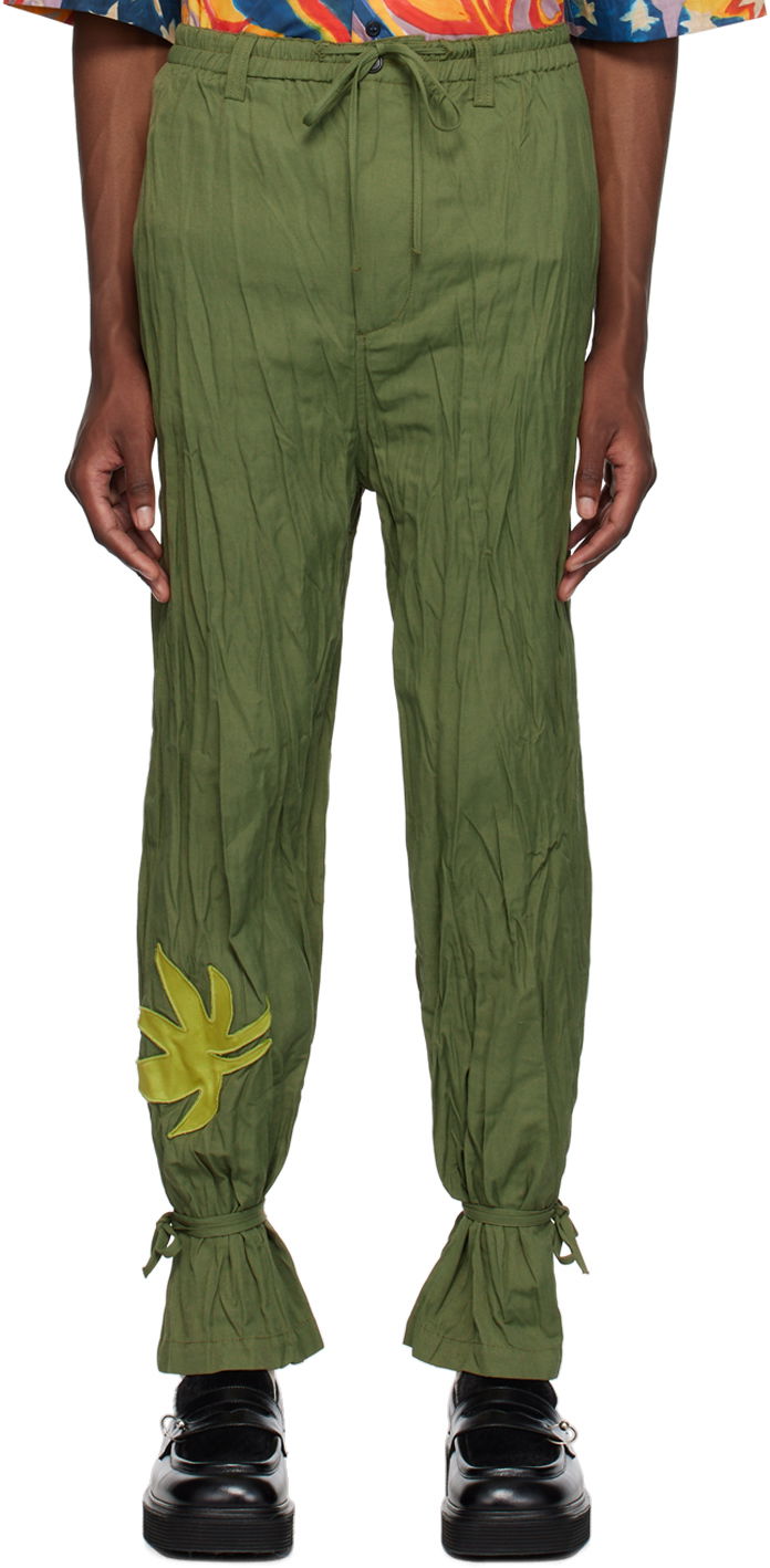 No Vacancy Inn Edition Crinkled Drawstring Trousers with Leaf Appliqué and Tied Cuffs