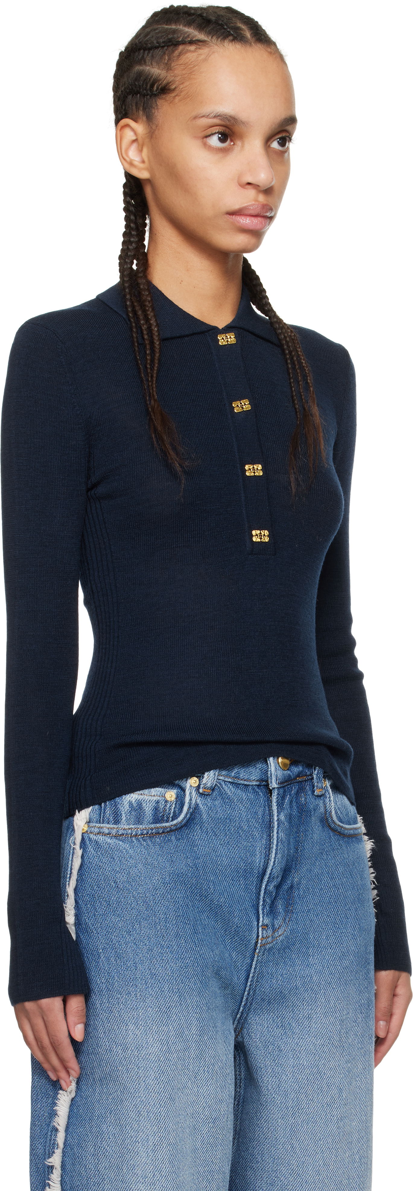 Sveter GANNI Ganni Merino Ribbed Long Sleeve Polo Navy | K2351, 1