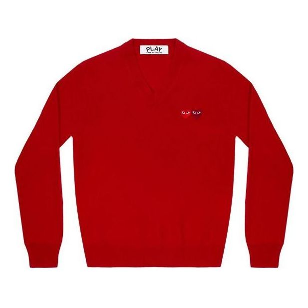 Sveter Comme des Garçons COMME des GARCONS PLAY V-Neck Double Emblem Pullover Červená | AZ-N055-051-5