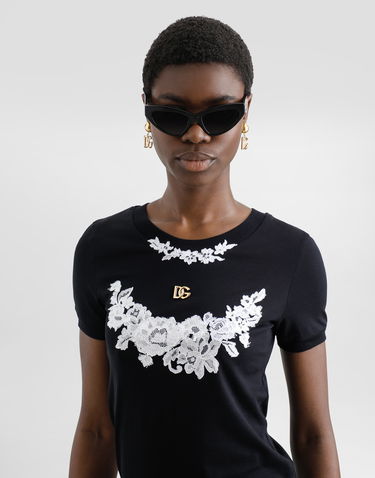 Tričko Dolce & Gabbana Dolce & Gabbana Jersey T-Shirt with Lace Details and DG Logo Čierna | F8N08TGDCTJN0000, 3
