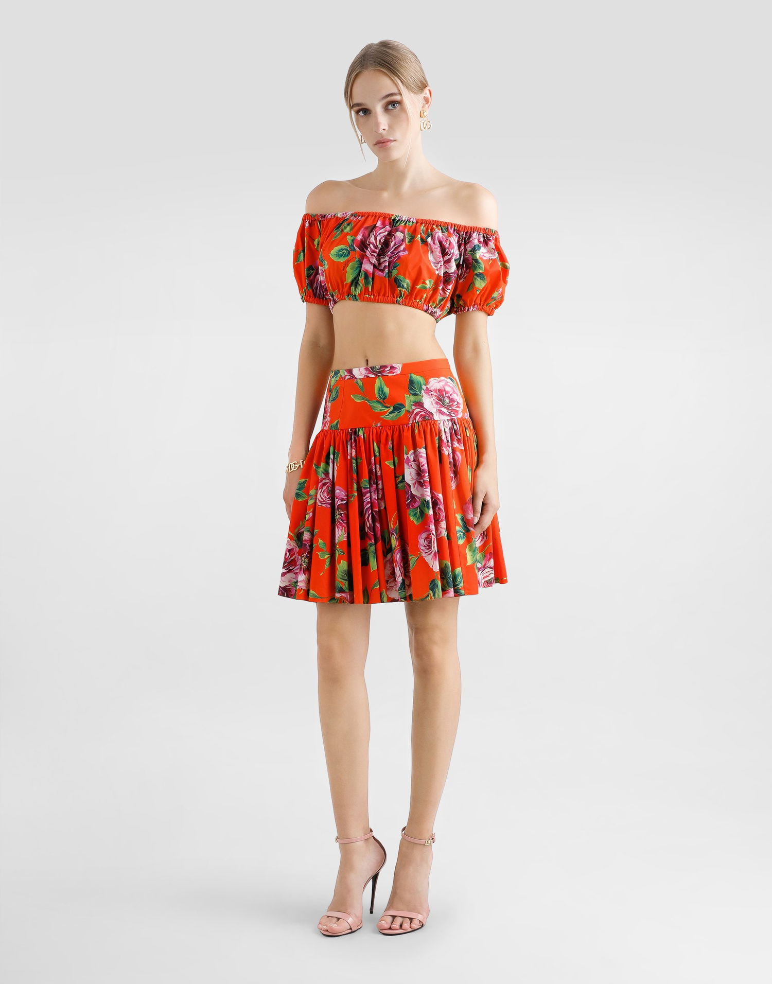 Crop Top Dolce & Gabbana Dolce & Gabbana Rose-Print Bardot Top Oranžová | F755RTHS5TIHO5JA, 1