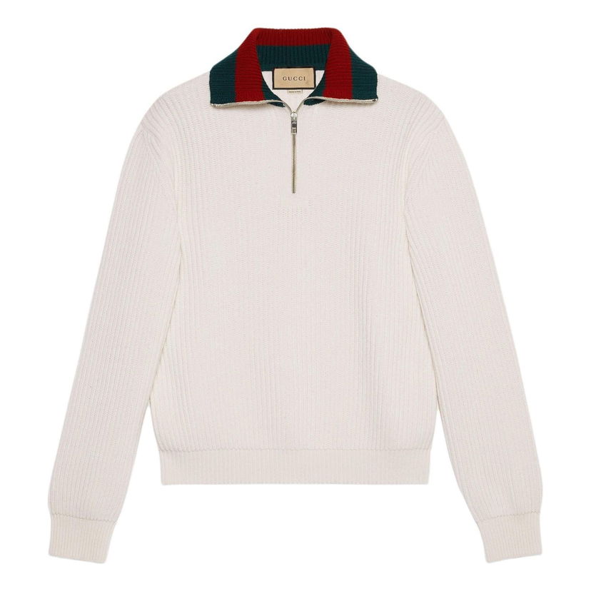 Sveter Gucci Gucci Knit Wool Half-Zip Sweater with Web Biela | 770440-XKDNE-9146