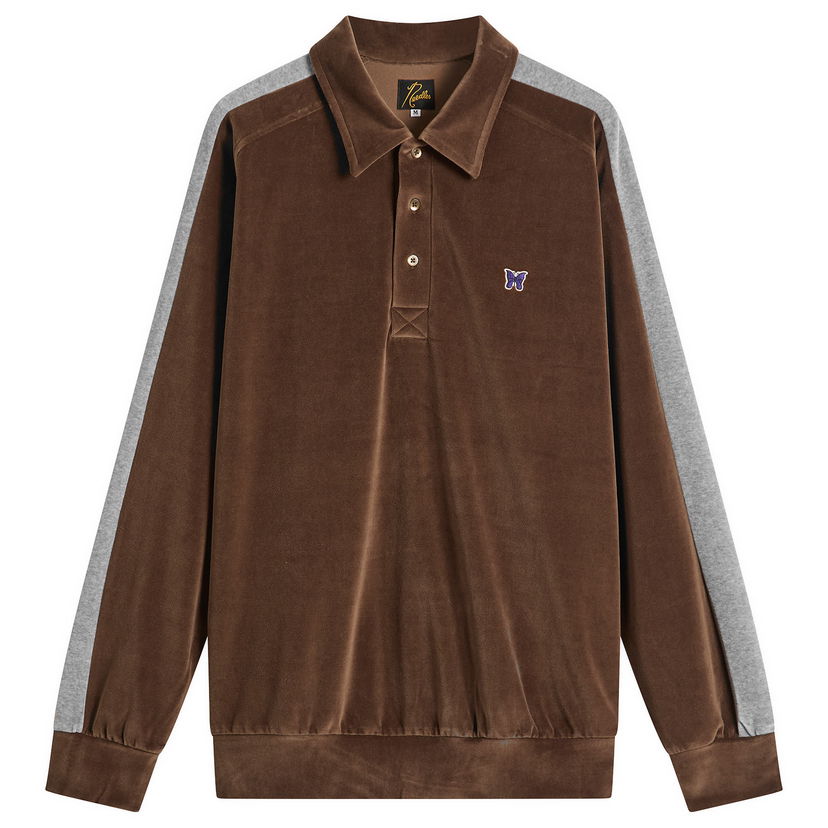 Polo tričko Needles Velour Long Sleeve Polo Pullover with Side Line, Size X-Small Hnedá | RW338-A