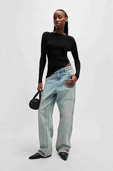 Sveter BOSS HUGO Sheer-Ribbing Asymmetrical Hem Sweater Čierna | 50532240, 1