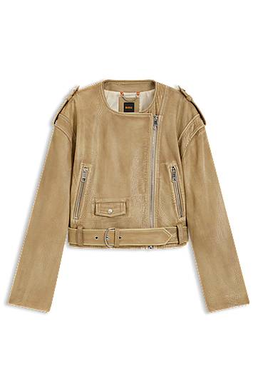 Bunda BOSS Cropped Grained Leather Biker Jacket Béžová | 50543026, 0