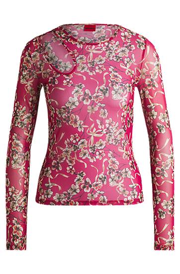 Tričko BOSS Mesh Top with Cut-Out Neckline and Floral Print Ružová | 50518545, 0
