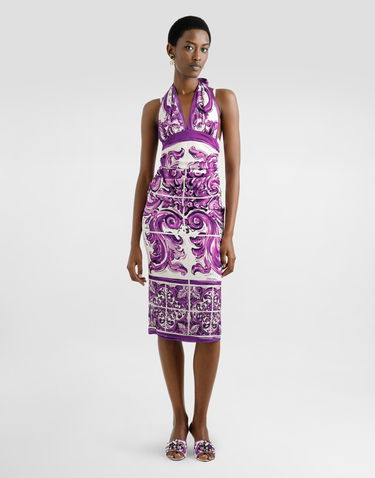 Šaty Dolce & Gabbana Dolce & Gabbana Majolica-Print Charmeuse Halter Neck Dress Fialová | F6TSVTFHAA2HP5DQ, 1