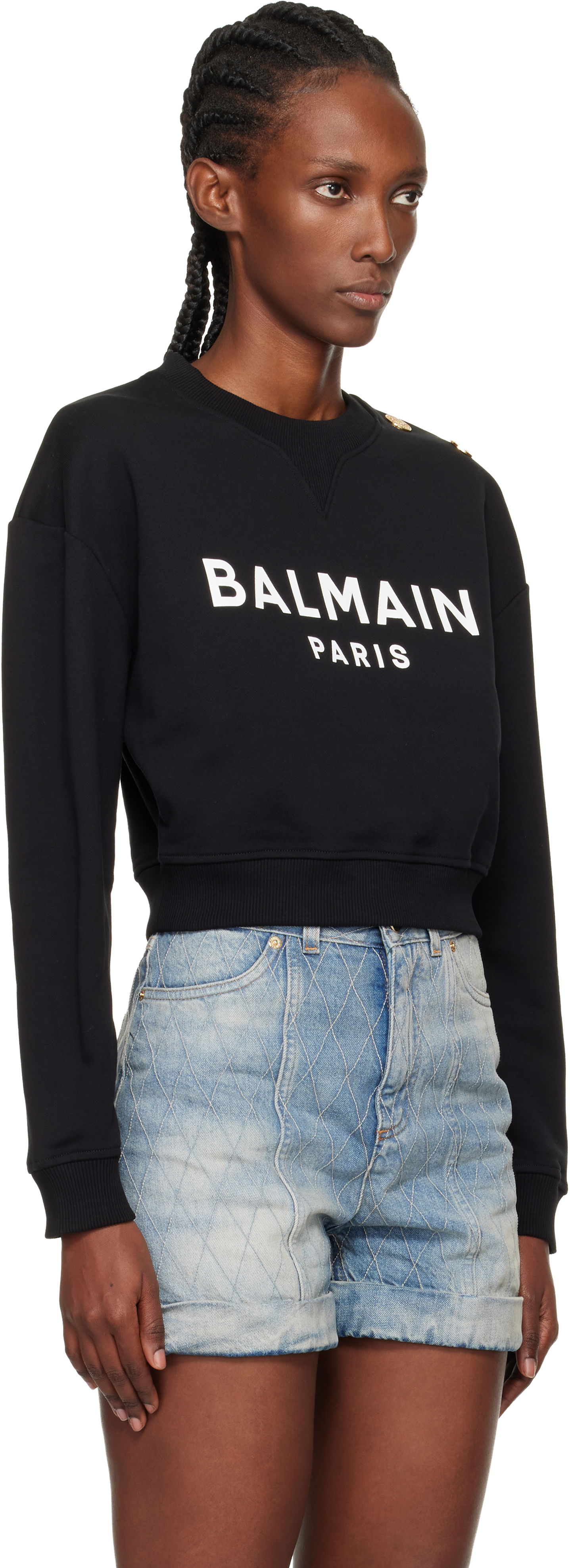 Mikina Balmain Printed 'Balmain Paris' Cropped Sweatshirt with Gold-Tone Shoulder Buttons Čierna | EF1JQ002BB02, 1