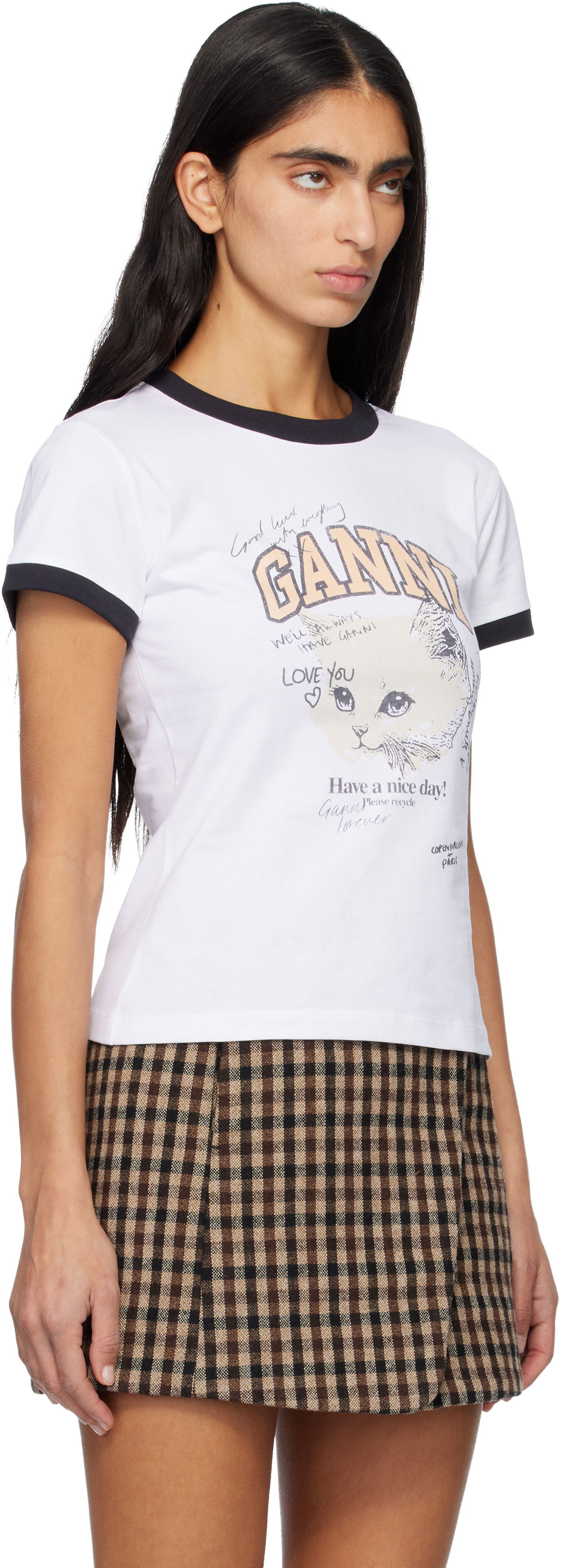 Crop Top GANNI Cropped Ringer Graphic Kitty T-shirt Biela | T4336, 1
