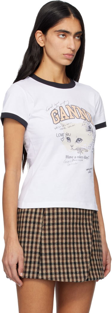 Crop Top GANNI Cropped Ringer Graphic Kitty T-shirt Biela | T4336, 1