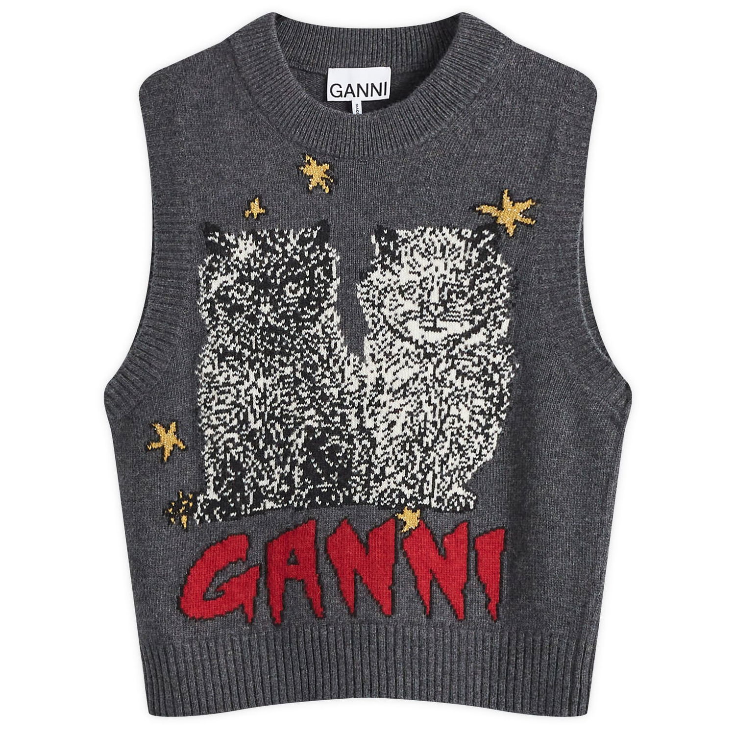 Sveter GANNI Graphic Wool-Blend Vest with Cat Motif Šedá | K2375-084, 0