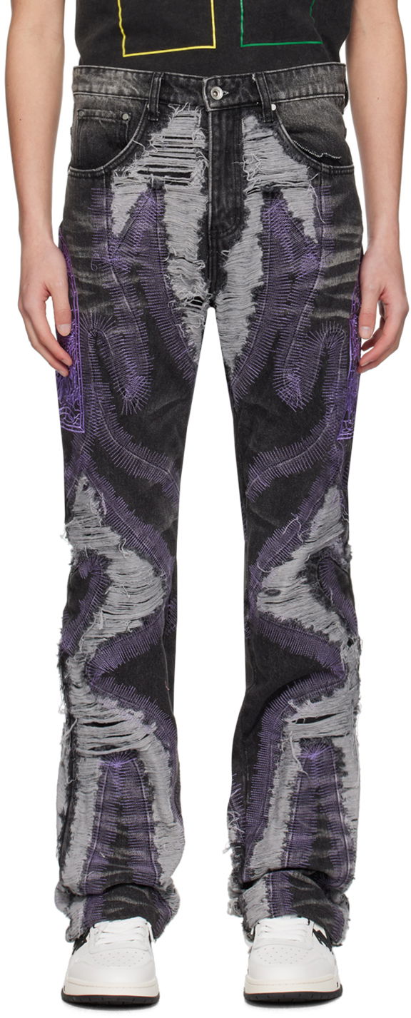 Who Decides War Techno Distressed Jeans with Purple Stitching