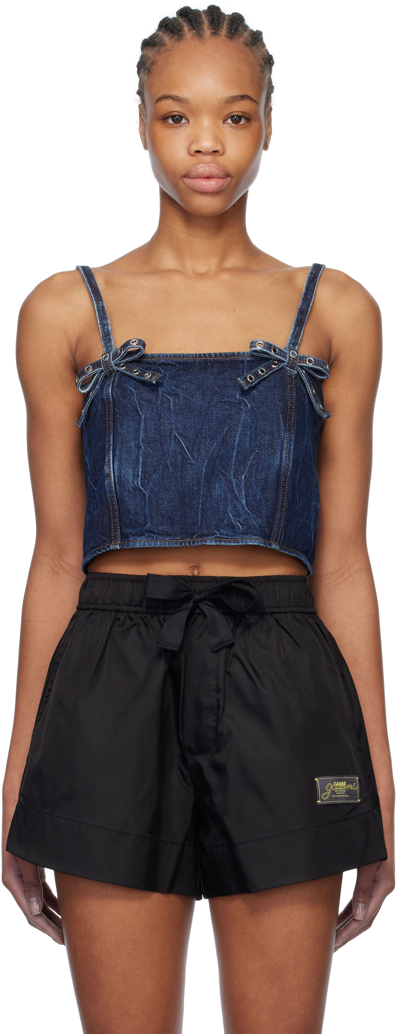 Tielko GANNI Blue Crinkled Future Denim Strap Top Navy | J1592, 0