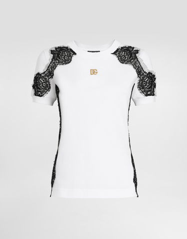 Tričko Dolce & Gabbana Dolce & Gabbana Jersey T-Shirt with Lace Details and DG Logo Biela | F8N08TGDB7US9002, 0