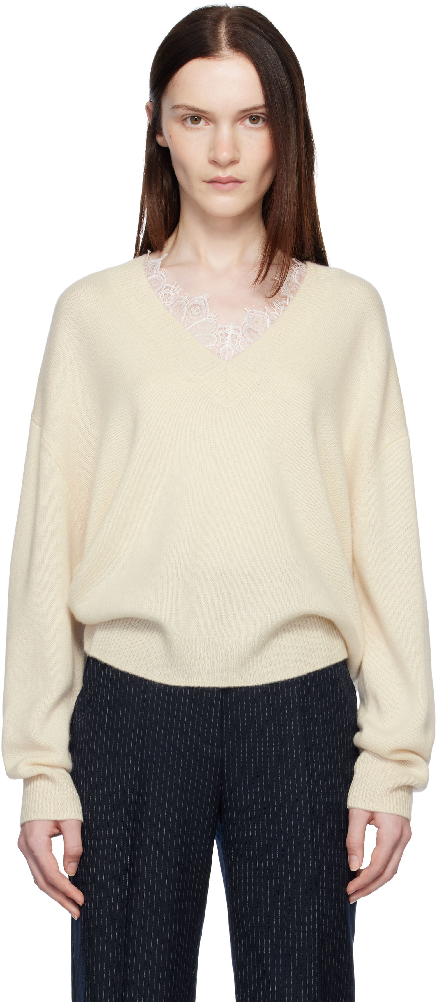 Sveter Anine Bing ANINE BING Lee Lace-Trim V-Neck Sweater Béžová | A-09-3280-101, 0