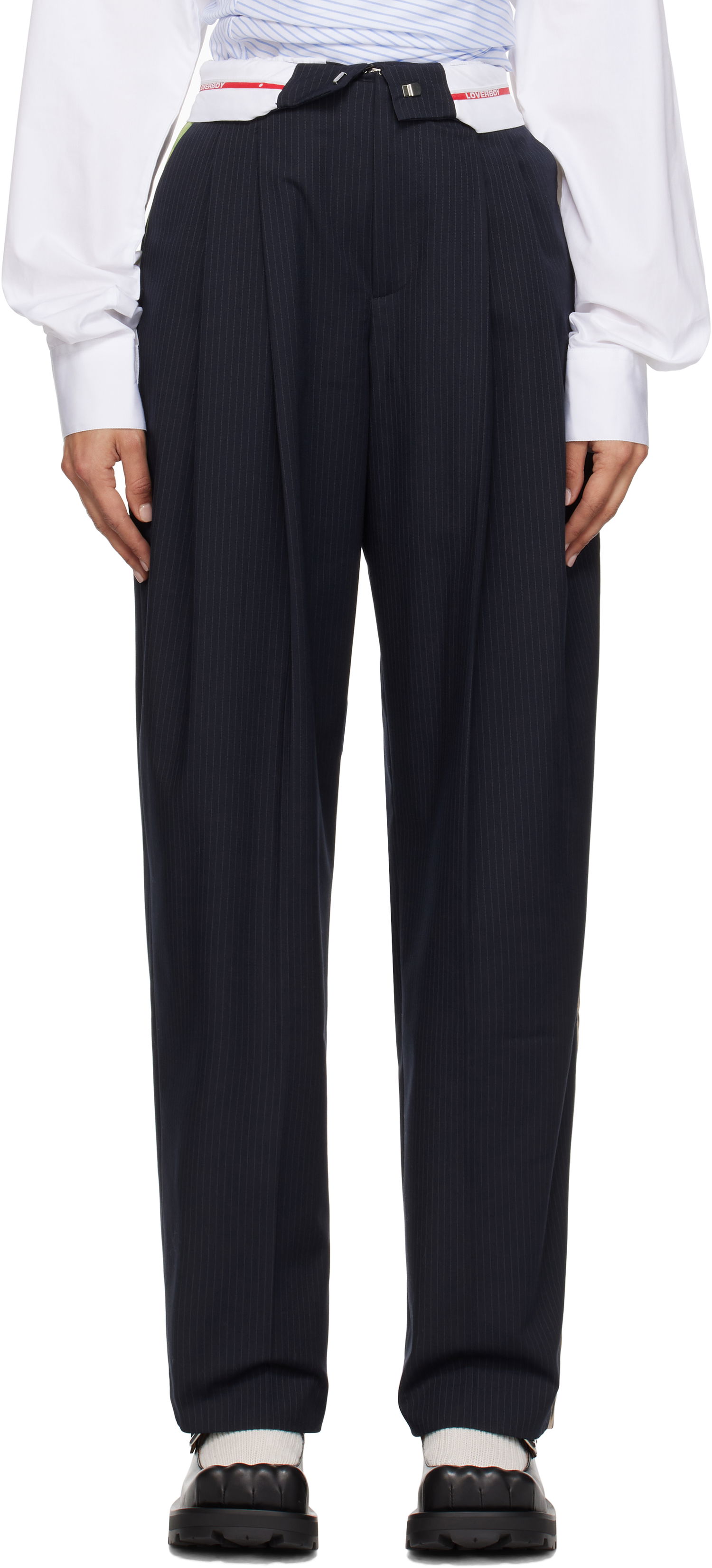 Nohavice Charles Jeffrey Loverboy Edinburgh Pinstriped Relaxed Fit Trousers Navy | 42030201, 0