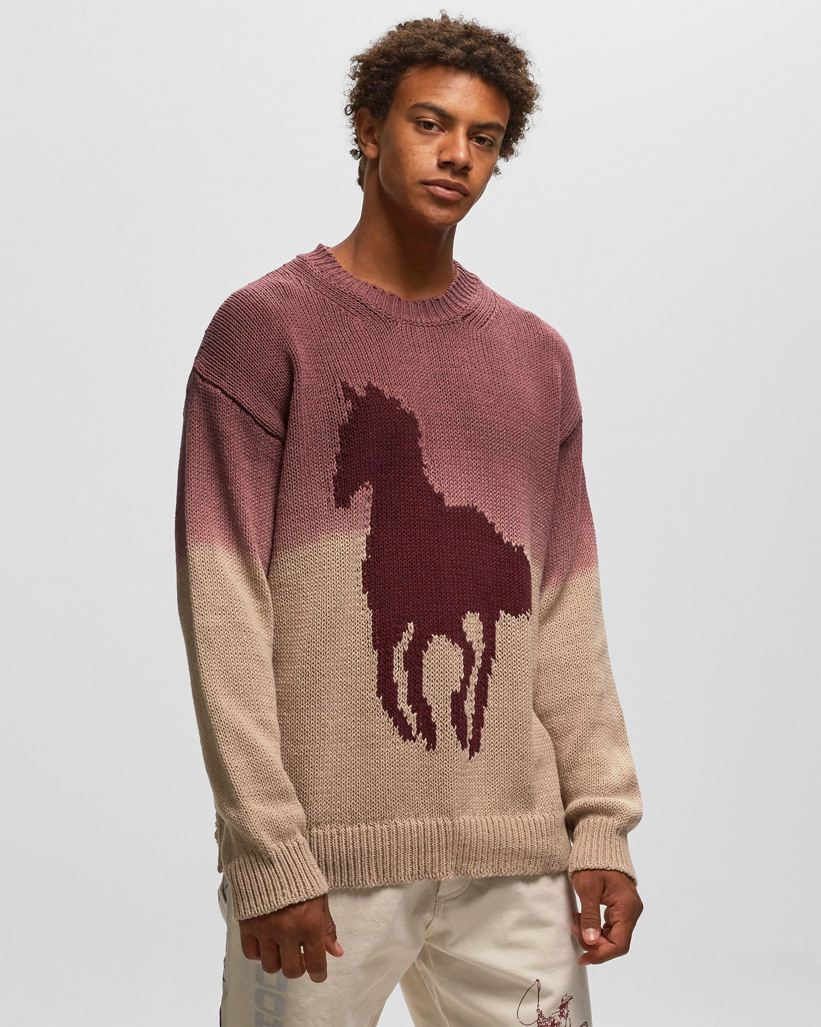 Brown And Red Horse Gradient Knit Pullover Sweater