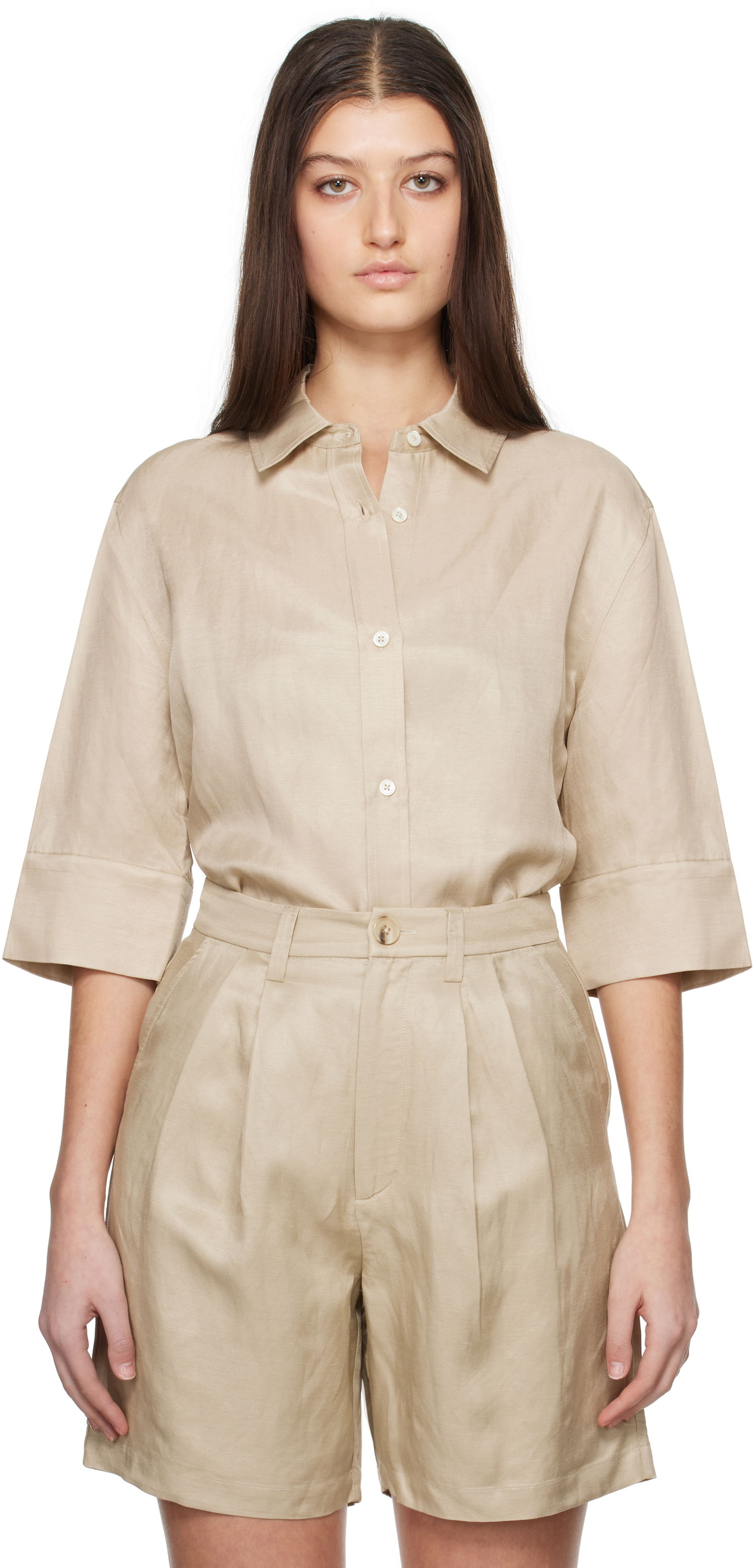 Šortky Anine Bing Anine Bing Mary Linen Collared Shirt Béžová | A-07-10803-OMA10, 0