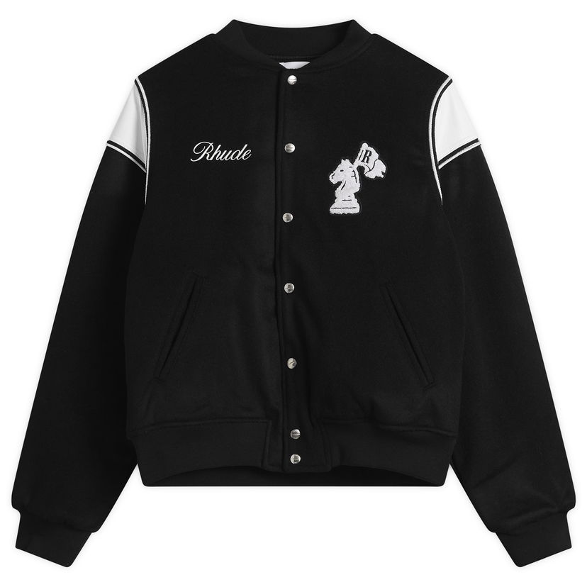 Bomber bunda Rhude Regista Varsity Bomber Jacket with Embroidered Chess Knight, Size Large Čierna | RHFW25JA01841-3186
