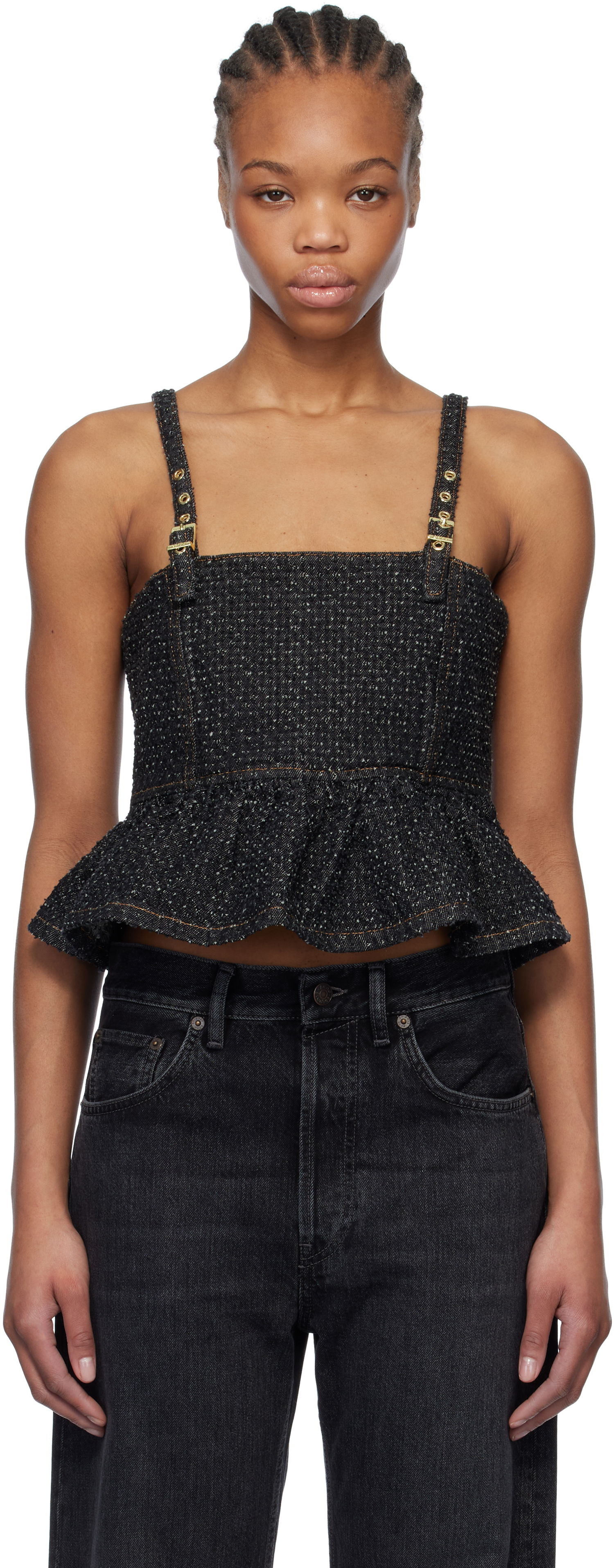 Crop Top GANNI Ganni Fluffy Denim Strap Top Čierna | J1615, 0
