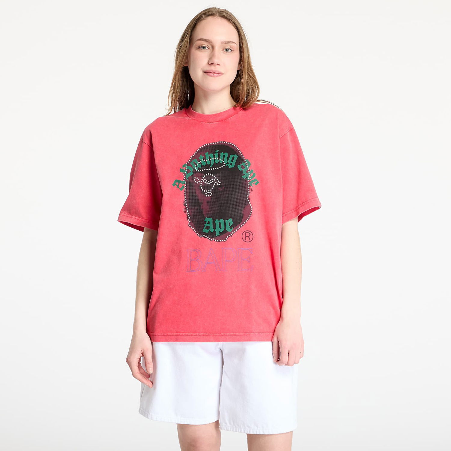 Tričko BAPE A BATHING APE Garment Dye Rhinestone Ape Head Relaxed Fit Tee Ružová | 001CSL301309MRED, 0
