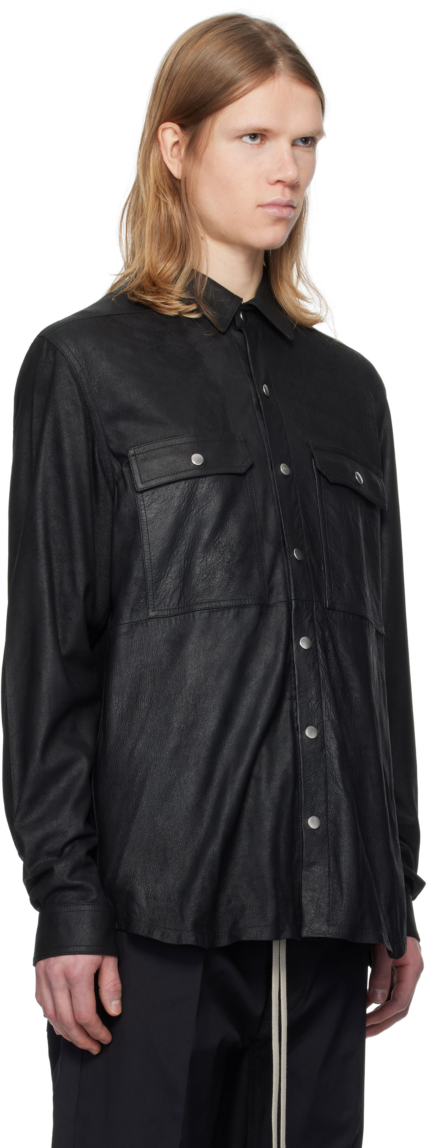 Košeľa Rick Owens Rick Owens Hollywood Megablister Lamb Leather Overshirt Čierna | RU01E5729 LBA, 1