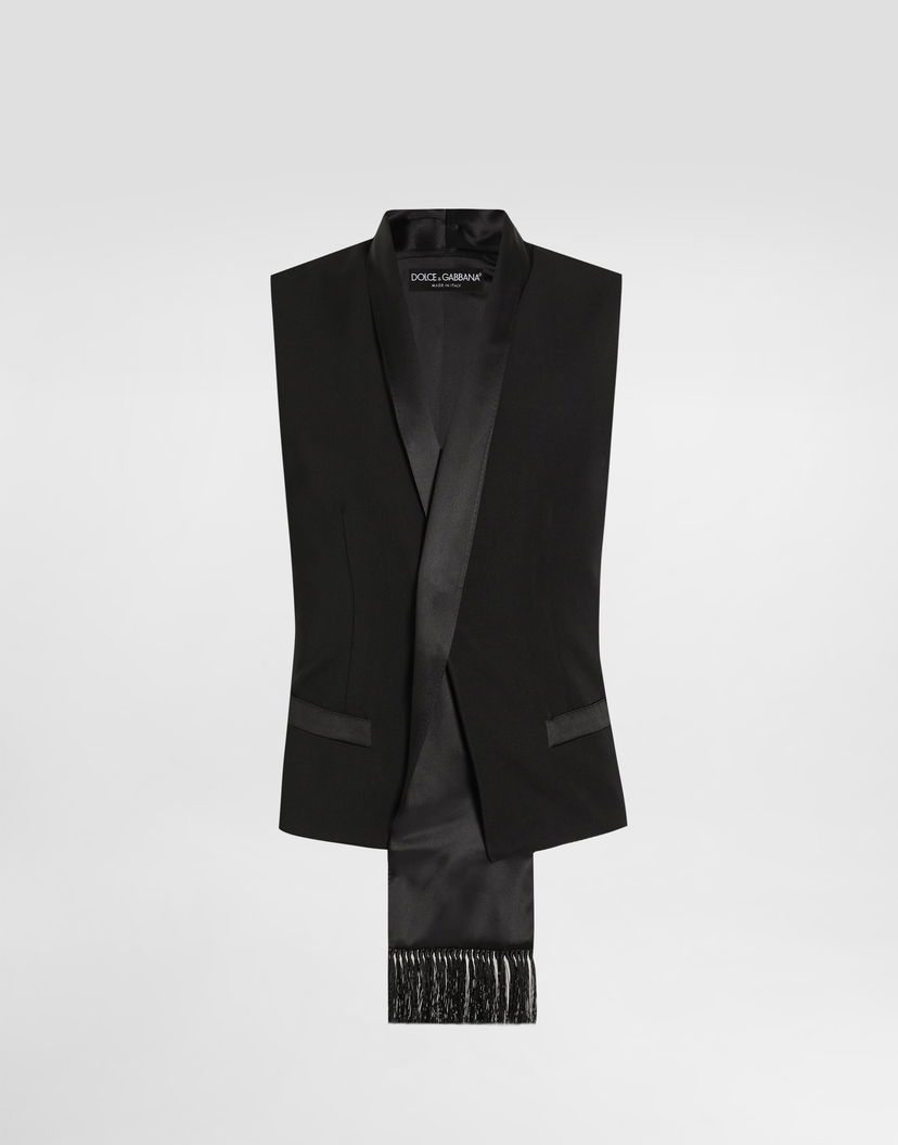 Vesta Dolce & Gabbana Wool Gabardine Vest with Satin Trim and Fringes Čierna | G715FTFU21EN0000