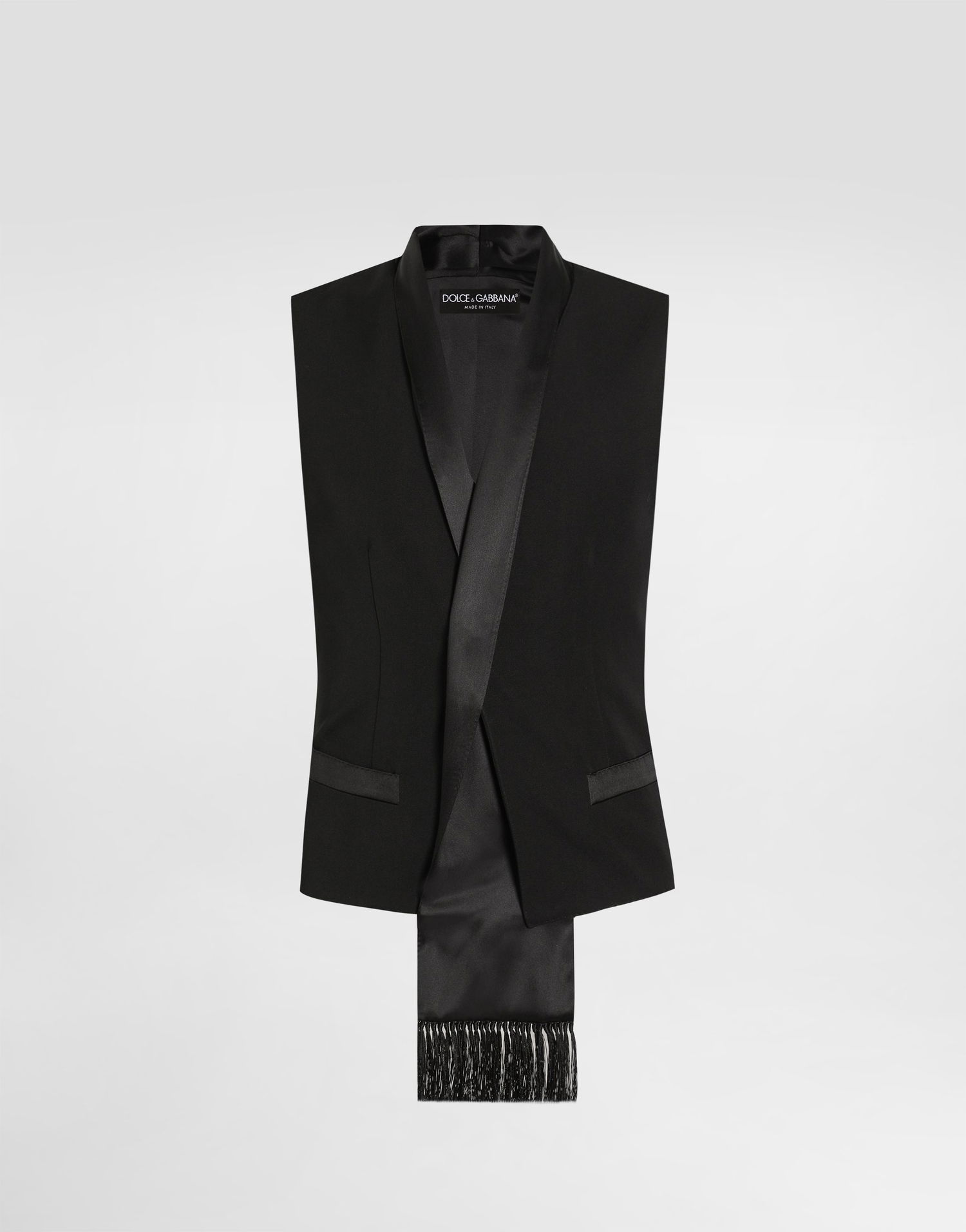 Vesta Dolce & Gabbana Wool Gabardine Vest with Satin Trim and Fringes Čierna | G715FTFU21EN0000, 0