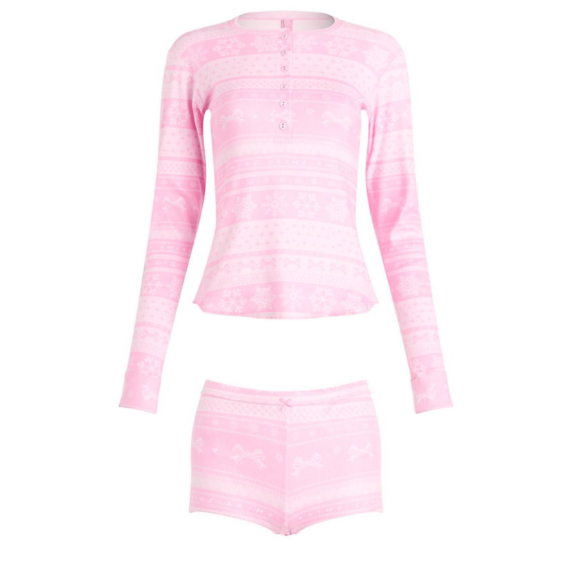 Pyžamo SKIMS Plush Pointelle Bow Fairisle Henley & Short Set Ružová | ST-SST-10867W-BBW