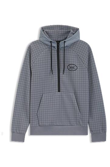 Mikina BOSS Stretch Piqué Check-Print Hoodie with Golf Artwork Šedá | 50543465