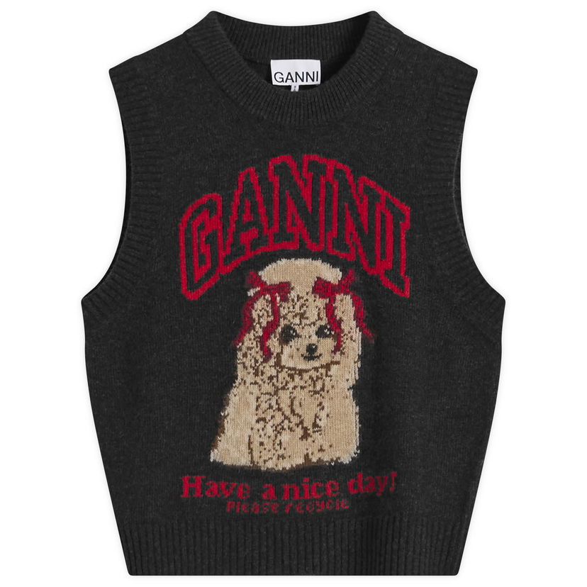 Vesta GANNI Wool Knit Vest with Puppy Design and 'Have a nice day!' Slogan Čierna | A1070044-052