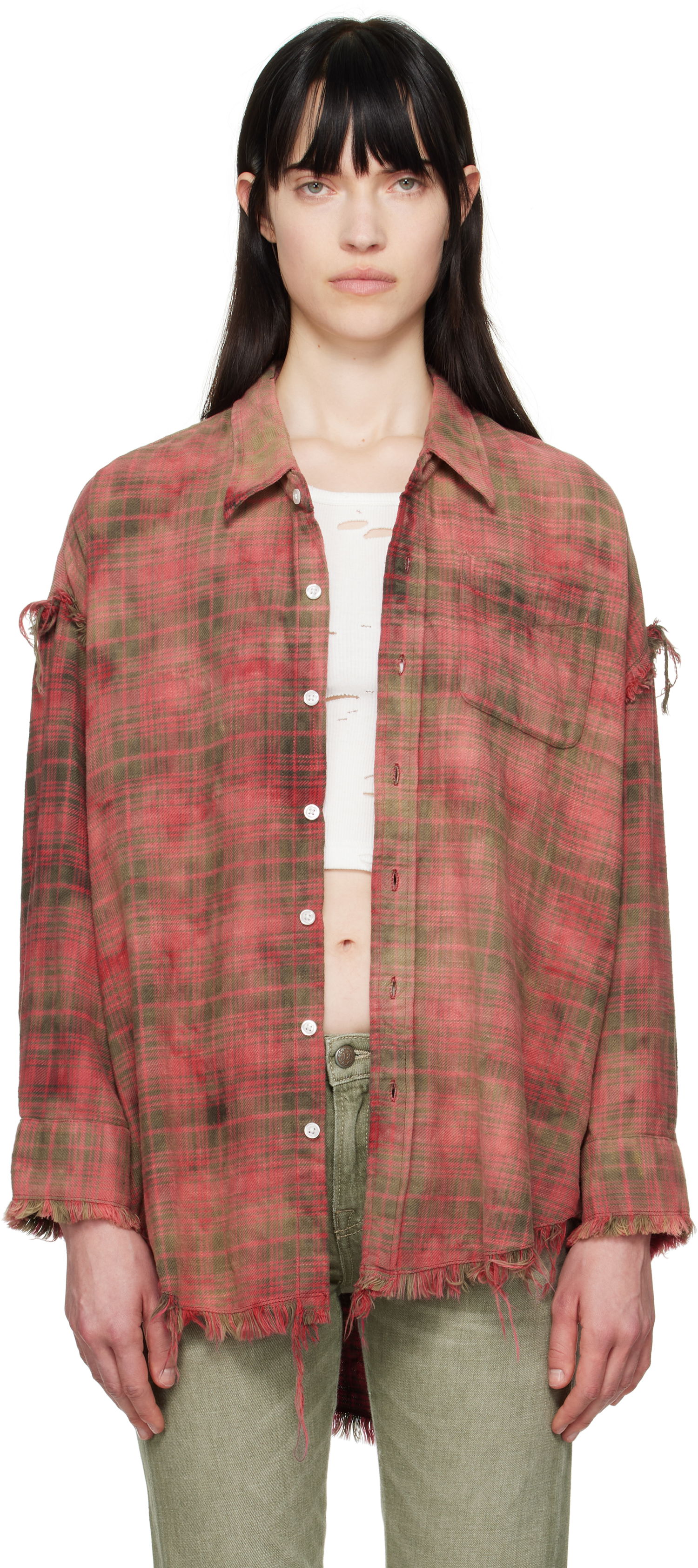 Košeľa R13 R13 Shredded Seam Drop Neck Plaid Shirt Červená | R13WR075-R461B, 0