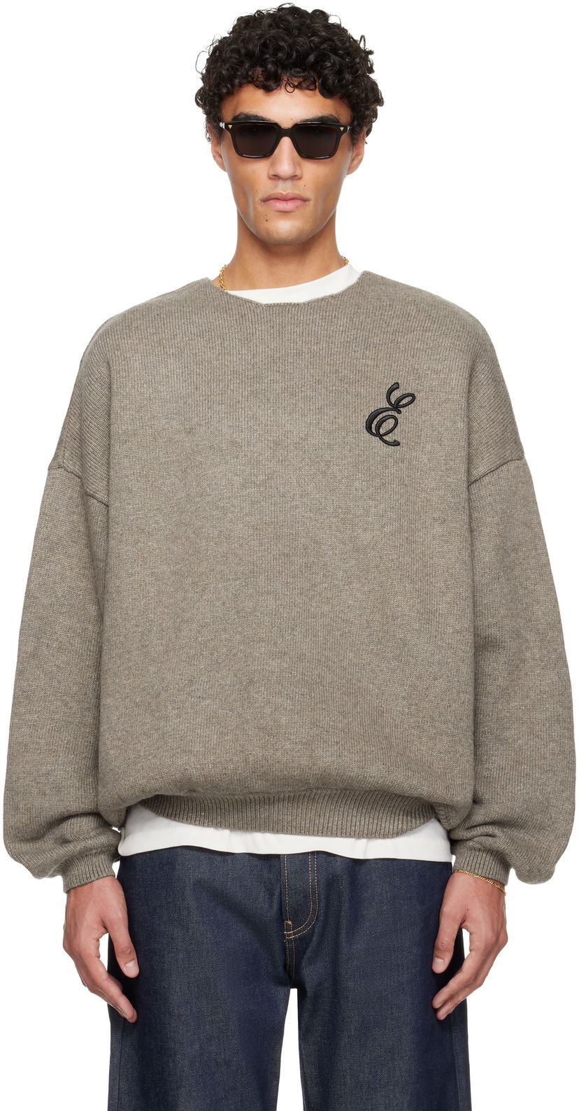 Sveter Fear of God ESSENTIALS Holiday Embroidered Merino Crewneck Sweater Béžová | 192HO254332F