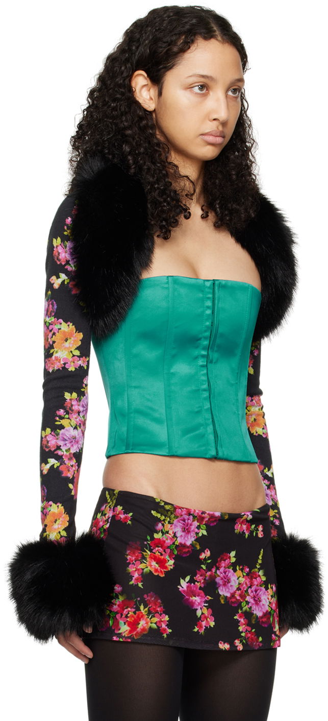 Tielko GUIZIO GUIZIO Floral Print and Faux Fur Cardigan Zelené | R24645, 1