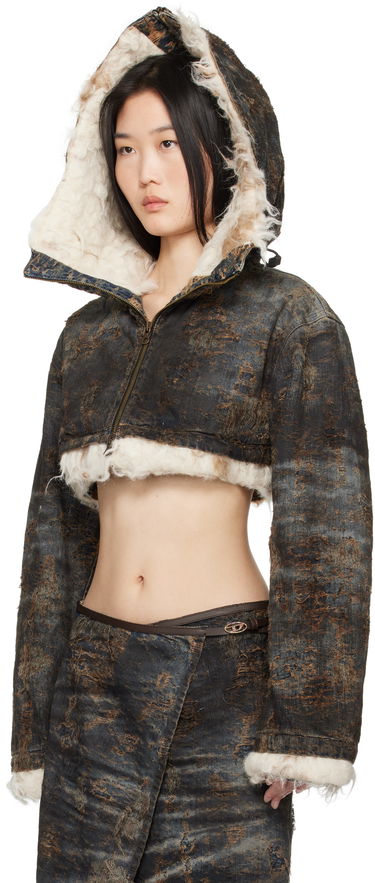 Bunda Diesel Cropped Distressed Denim Jacket with Faux Fur Čierna | A17128 0ABCW, 3