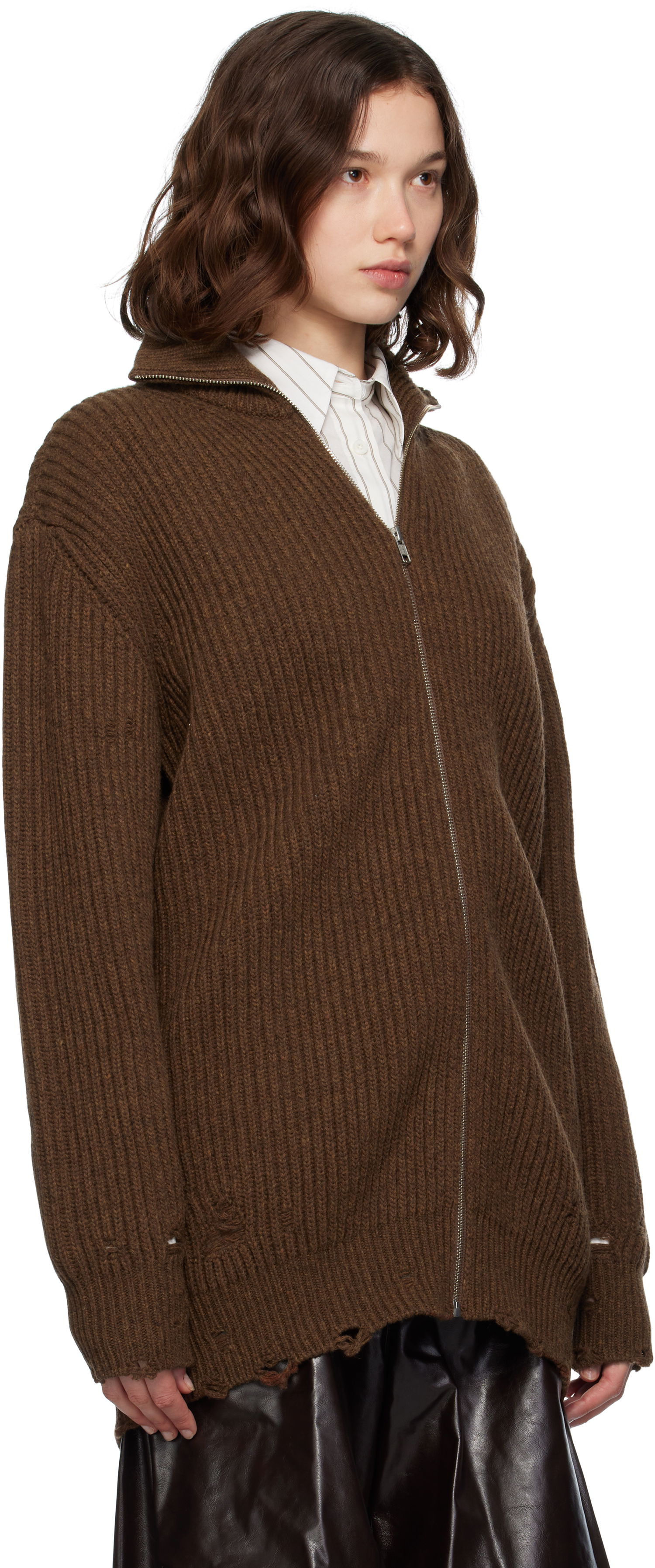 Sveter Maison Margiela MM6 Maison Margiela Ribbed Knit Zip-Up Sweater Hnedá | S52AM0322 M13138, 1