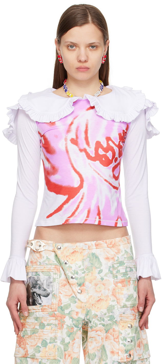 Crop Top Chopova Lowena Chopova Lowena Ruffle Collar Long Sleeve Graphic T-Shirt Biela | W6329, 0