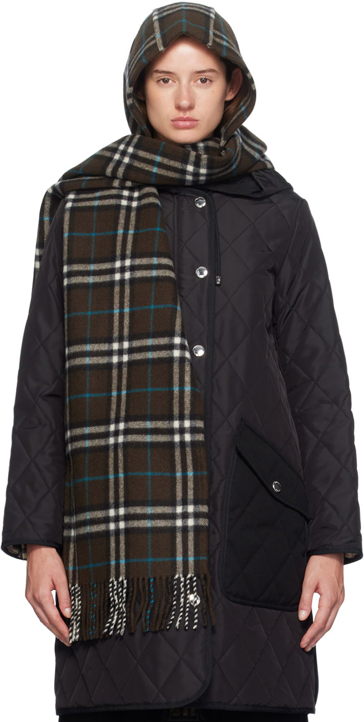 Brown Check Cashmere Hooded Scarf