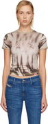 Grafi Printed Short Sleeve Slim Cropped T-shirt with Contrast Stitching