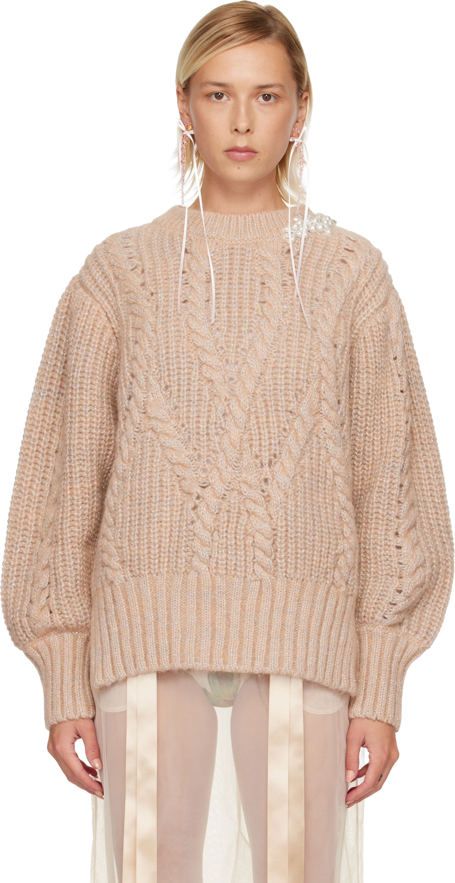 Sveter Simone Rocha Simone Rocha Embellished Puff Sleeve Chunky Knit Sweater Béžová | MZMK4B 0665, 0